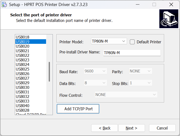 Driver máy in hóa đơn HPRT 3 Lựa chọn cổng khi cài đặt driver máy in hóa đơn HPRT