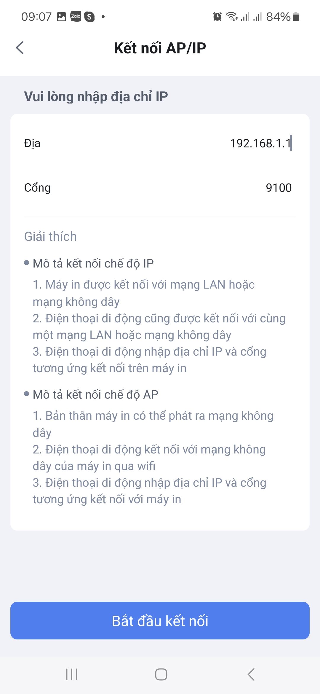 Nhập IP để kết nối máy in trong mạng