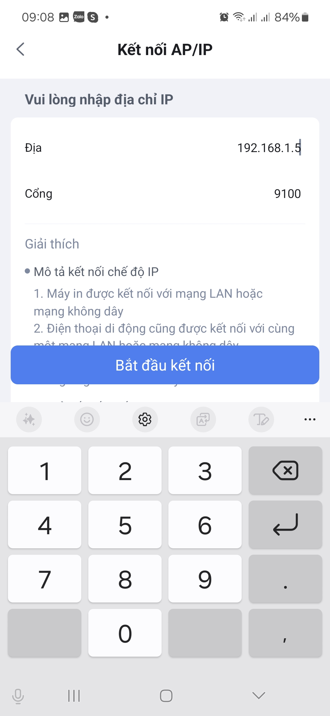 Nhập IP của máy in đang có trong mạng