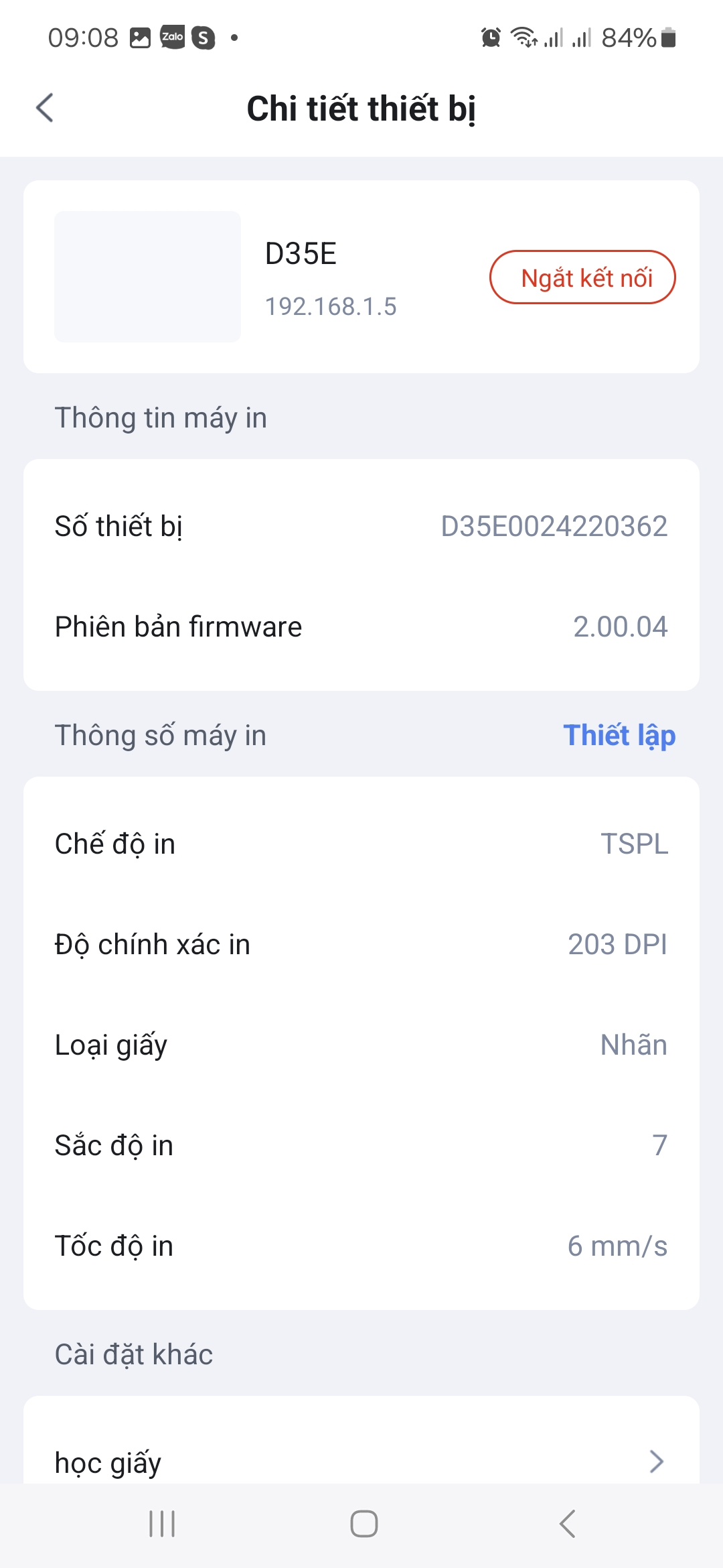 Thông tin của máy in tem được kết nối