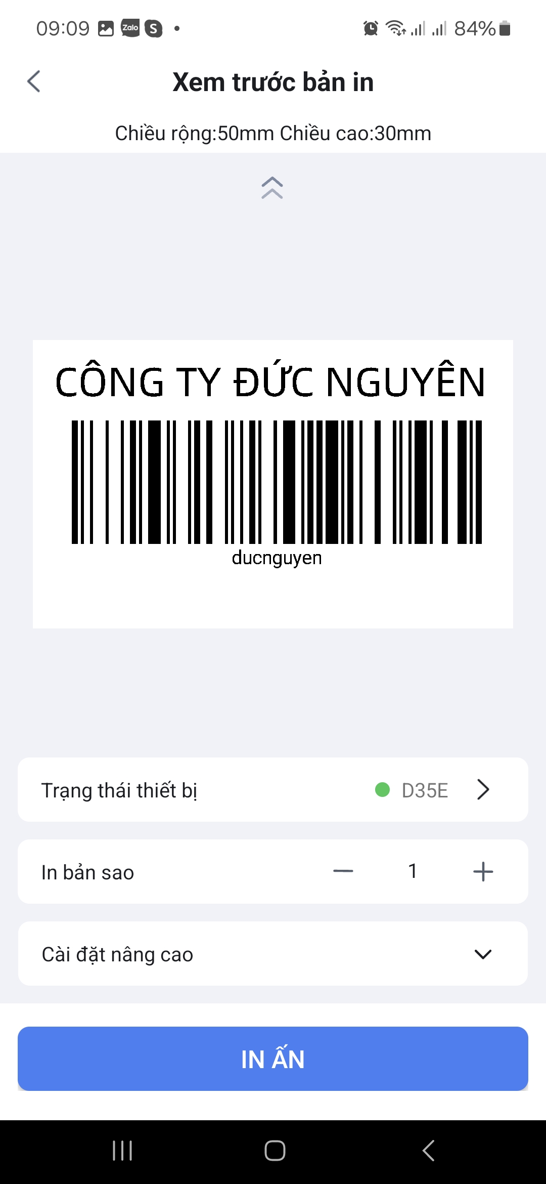 Xem trước bản in trên HereLabel
