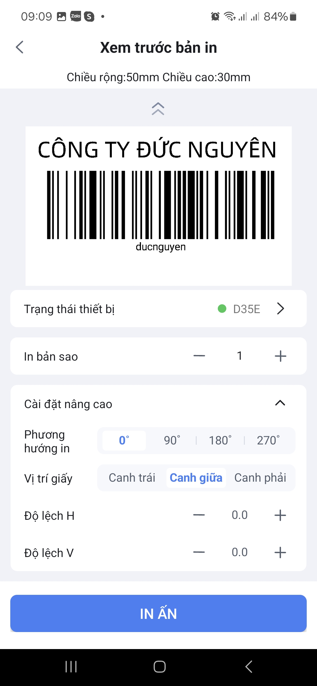 Tùy chọn nâng cao cho in tem trên HereLabel