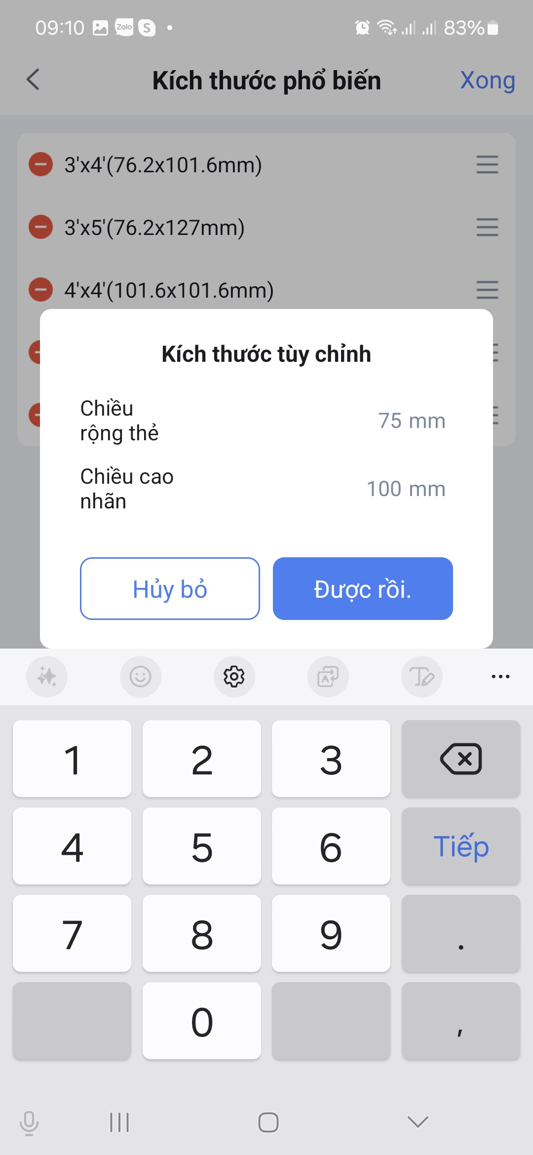 Nhập kích thước tem mới trên HereLabel