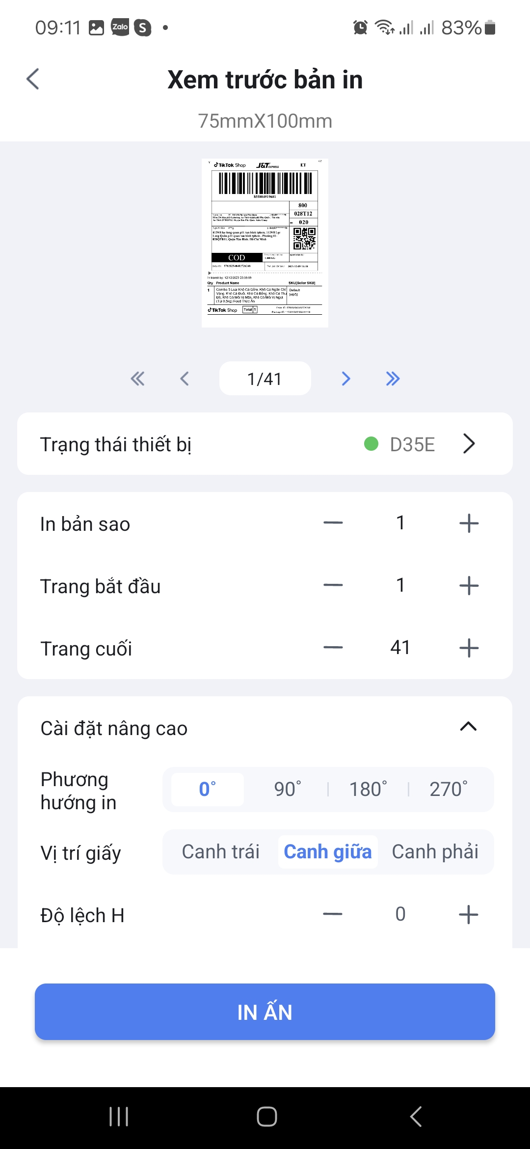 Chọn thêm các thông số nâng cao để in tem