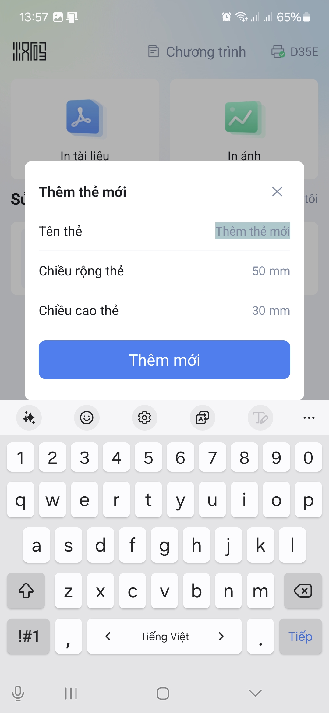 Nhập tên và kích thước cho tem nhãn
