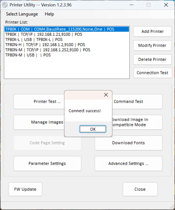 Kiểm tra kết nối máy in thành công