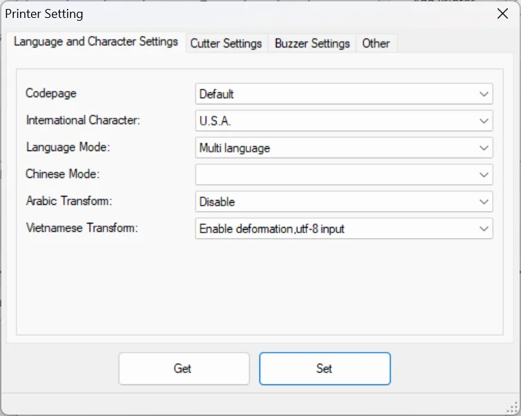 Thiết lập tham số: Ngôn ngữ và ký tự.