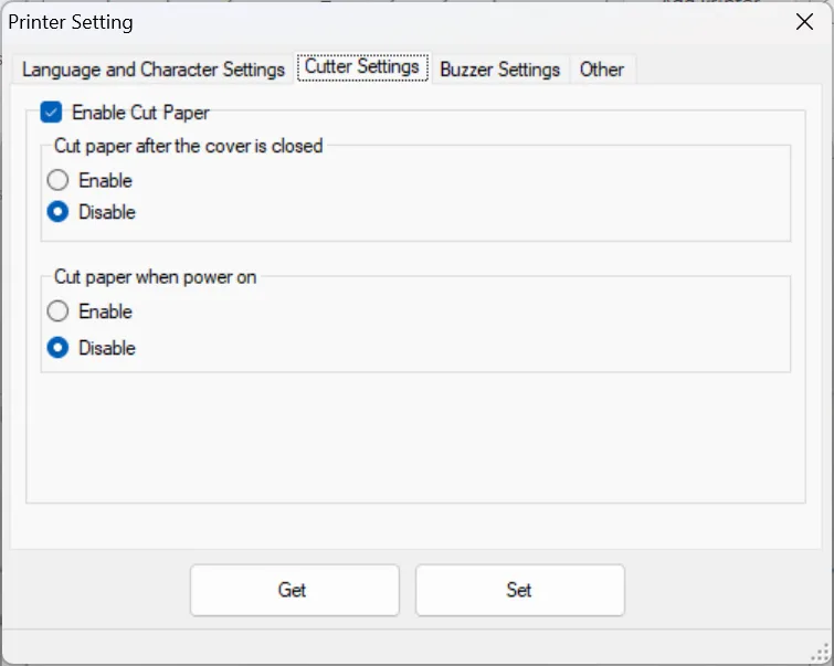 Thiết lập thông số: Chế độ cắt giấy.